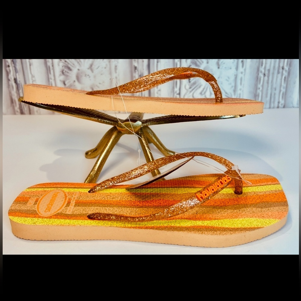 NWT Havaianas Slim Square Folia Flip Flops Glitter Striped Wom 9/10 Peach Orange - Picture 7 of 14